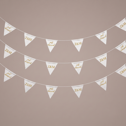 Custom wedding triangle bunting full set with Just Married wording and personalised initials.