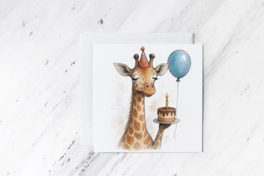 Birthday Giraffe Card – Cute Watercolour Animal with Cake and Balloon – Funny Handmade Greeting – Tall Party Card for All Ages