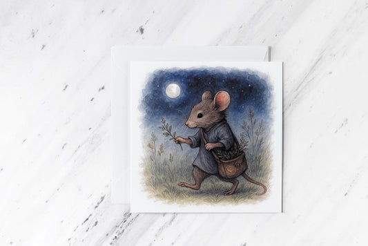 Moonlit Mouse Greeting Card – Cottagecore Nocturnal Watercolour – Whimsical Mouse in Cloak with Herbs – Handmade Forest Folk Stationery