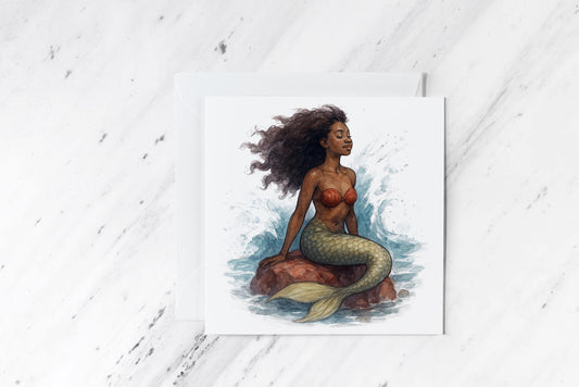 Mermaid Art Greeting Card – Ocean Fantasy Goddess Illustration – Mythical Watercolour Print – Empowering Handmade Stationery