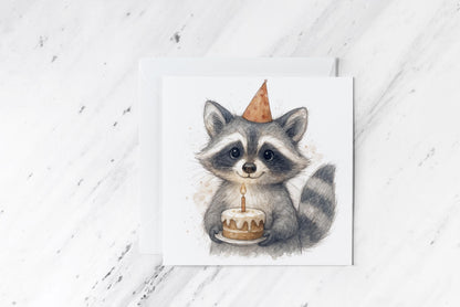 Birthday Raccoon Card – Cute Watercolour Animal with Cake – Funny Woodland Greeting – Handmade Trash Panda Party Card