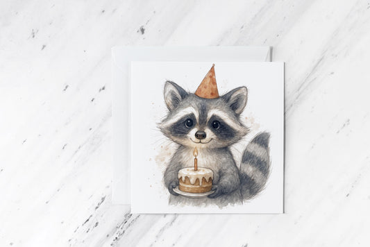 Birthday Raccoon Card – Cute Watercolour Animal with Cake – Funny Woodland Greeting – Handmade Trash Panda Party Card