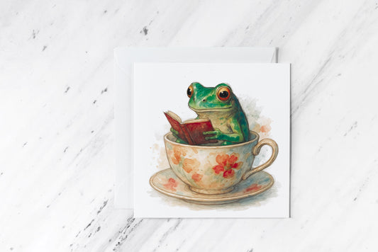 Bookish Frog Greeting Card – Watercolour Pencil Sketch – Whimsical Tea Cup Amphibian Art – Cozy Cottagecore Reading Gift