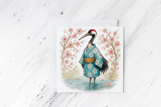 Crane in Kimono Greeting Card – Watercolour Cherry Blossom Scene – Japanese-Inspired Whimsical Animal Art – Handmade Nature Stationery