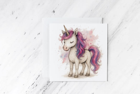 Unicorn Greeting Card – Pink and Purple Watercolour Fantasy Art – Cute Magical Creature Illustration – Handmade Mythical Card