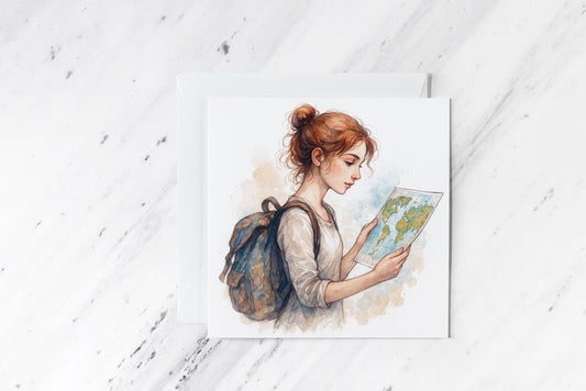 Travel Girl Card – Watercolour Backpacker with World Map – Wanderlust Illustration – Adventure Greeting Card