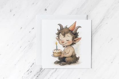 Birthday Faun Card – Whimsical Watercolour Woodland Creature – Mythical Nature Birthday Greeting – Handmade Fantasy Card