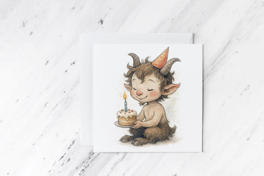 Birthday Faun Card – Whimsical Watercolour Woodland Creature – Mythical Nature Birthday Greeting – Handmade Fantasy Card