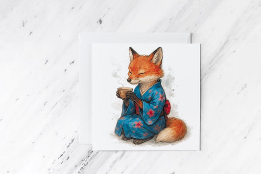 Tranquil Fox Greeting Card – Watercolour Pencil Sketch – Fox in Blue Floral Kimono – Japanese Tea Ceremony Woodland Animal Card