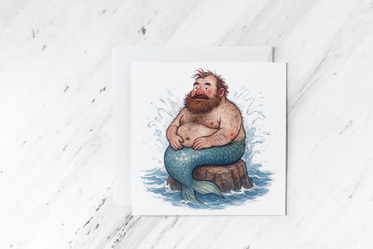 Funny Merman Birthday Card – Bearded Mermaid Ocean Art – Whimsical Sea Creature Greeting – Body Positive Humor – Handmade Stationery