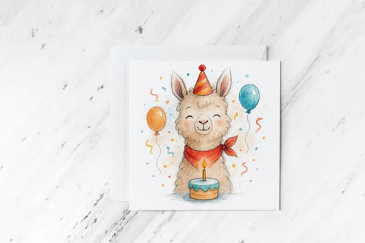 Birthday Llama Card – Funny Watercolour Animal with Cake – Cute Handmade Greeting – Quirky Farm Animal Party Card
