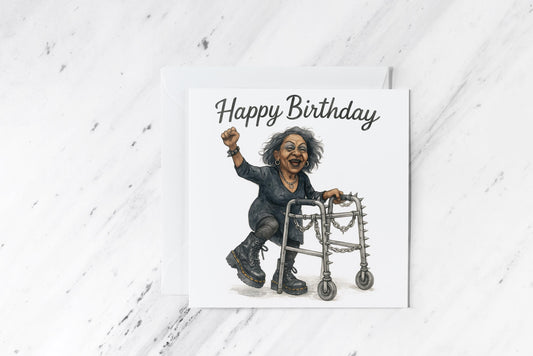 Goth Punk Birthday Card – Rocker Grandma with Spiked Walker – Funny Aging Alternative Greeting – Handmade Square Stationery