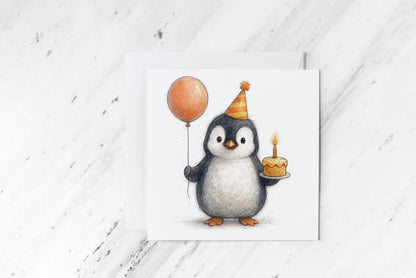 Birthday Penguin Card – Cute Watercolour Party Animal Illustration – Balloon & Cake Art – Fun Handmade Greeting – Arctic Celebration Card