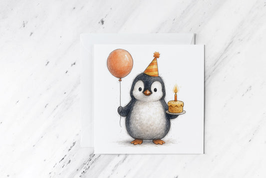 Birthday Penguin Card – Cute Watercolour Party Animal Illustration – Balloon & Cake Art – Fun Handmade Greeting – Arctic Celebration Card