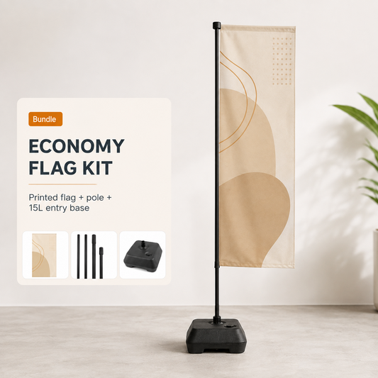 Complete Economy Flag 2.4m kit with printed flag, pole and moulded base.