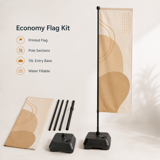 Economy Flag 2.4m kit components including printed graphic, pole sections and base.