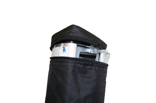 Economy roller banner hardware partly packed into its replacement carry bag