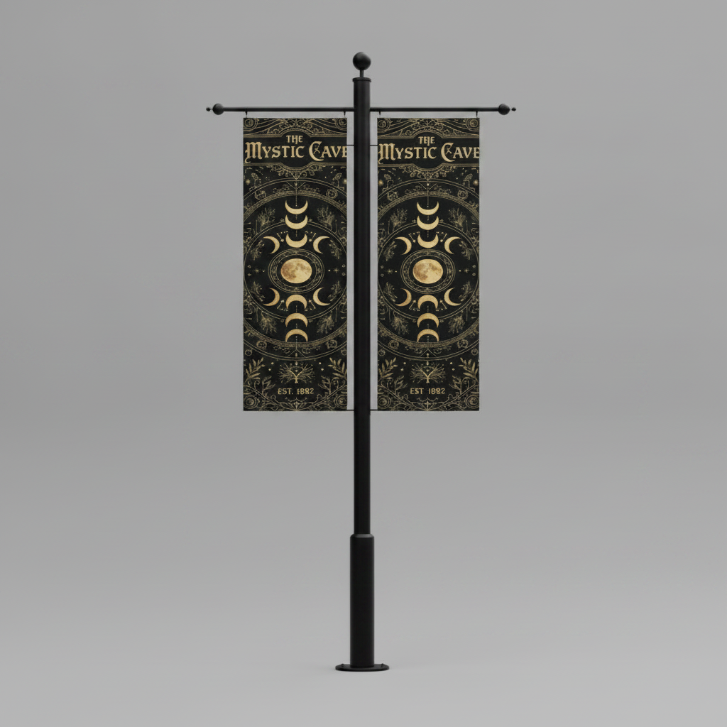 Decorative banner with celestial design on a gray background