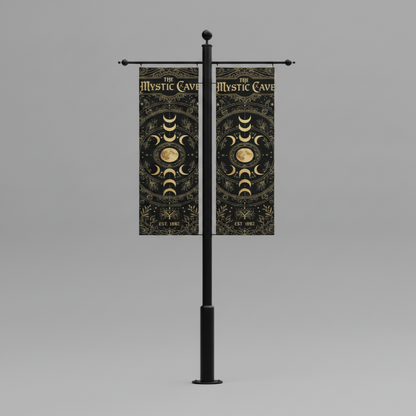 Decorative banner with celestial design on a gray background