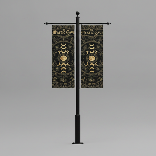 Decorative banner with celestial design on a gray background