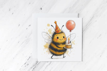 Birthday Bumblebee Card – Cute Bee with Cake and Balloon – Watercolour Party Illustration – Handmade Nature-Inspired Greeting