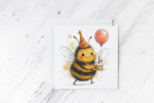 Birthday Bumblebee Card – Cute Bee with Cake and Balloon – Watercolour Party Illustration – Handmade Nature-Inspired Greeting