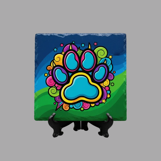 A square decorative plaque or canvas on a small black display stand, featuring a colorful cartoon paw print over a blue-to-green gradient background.
