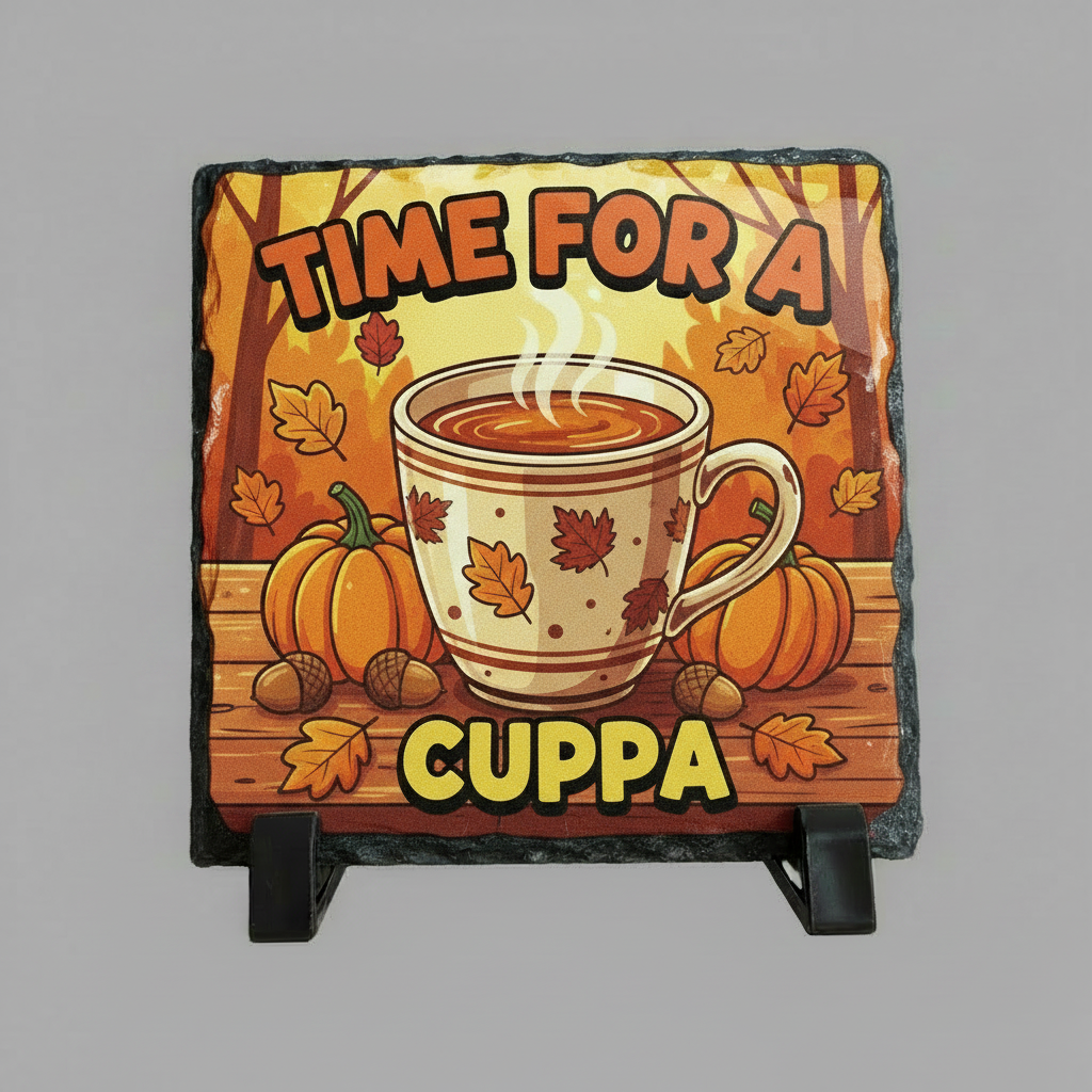 A square slate coaster on a black display stand, featuring a colorful autumn-themed illustration with the text 'TIME FOR A' and 'CUPPA'. The design includes a steaming mug, pumpkins, acorns, and falling leaves.