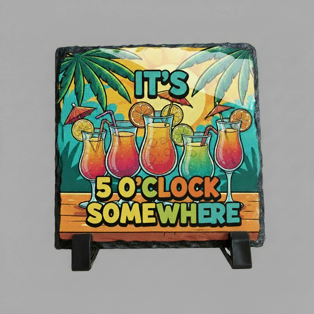 A square decorative slate sign on a small black display stand, featuring a colorful tropical drink scene with palm trees, umbrellas, and the text 'IT'S 5 O'CLOCK SOMEWHERE' on a gray background.