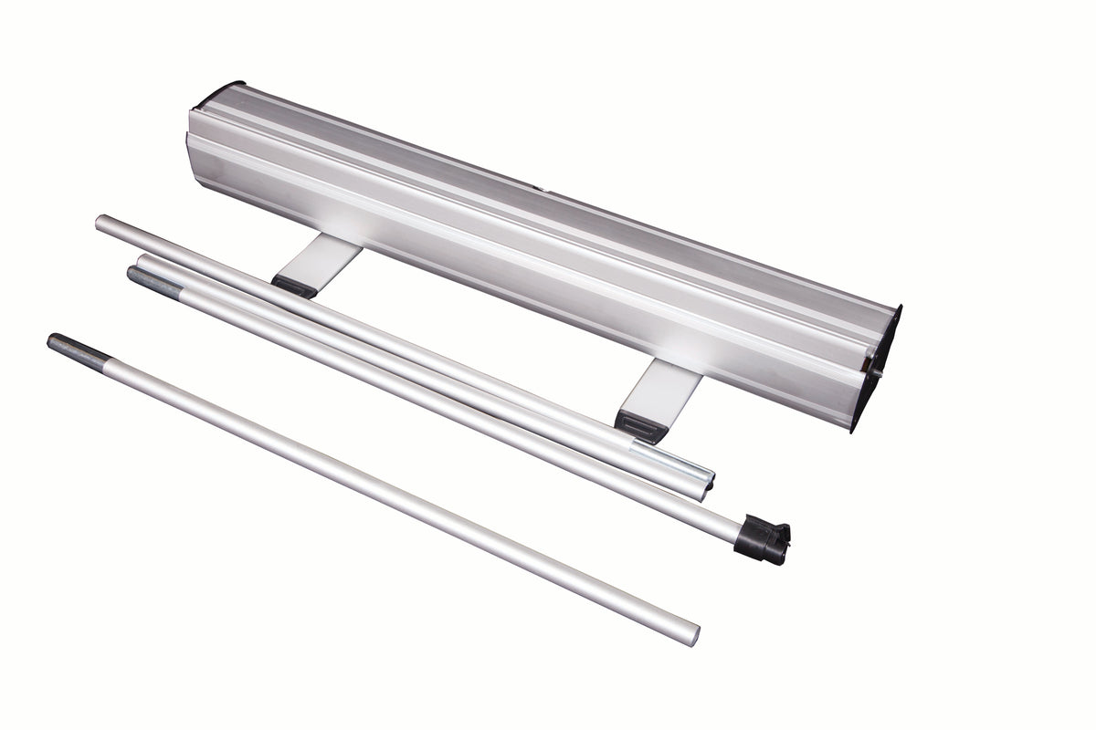 Entry roller banner cassette, stabilising feet, pole sections and top rail
