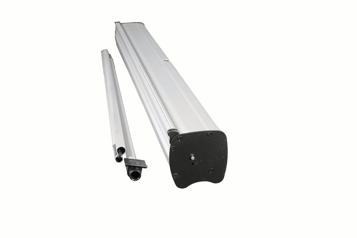 Steel-reinforced roller banner cassette, support pole sections and top rail