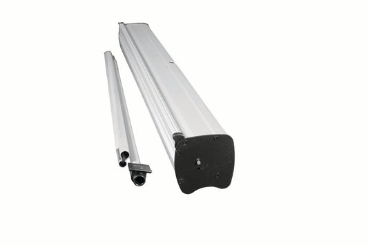 Steel-reinforced roller banner cassette, support pole sections and top rail