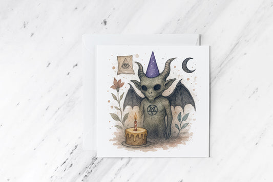 Occult Birthday Card – Watercolour Demon Goat with Cake – Baphomet-Inspired Greeting – Goth Alternative Stationery – Pagan Birthday Art