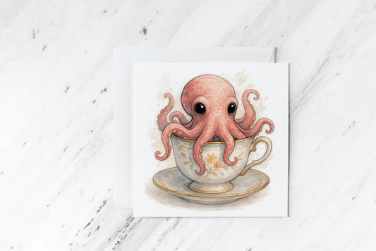 Octopus Teacup Greeting Card – Whimsical Sea Creature Illustration – Cute Nautical Ocean Art – Kawaii Kraken in Vintage China