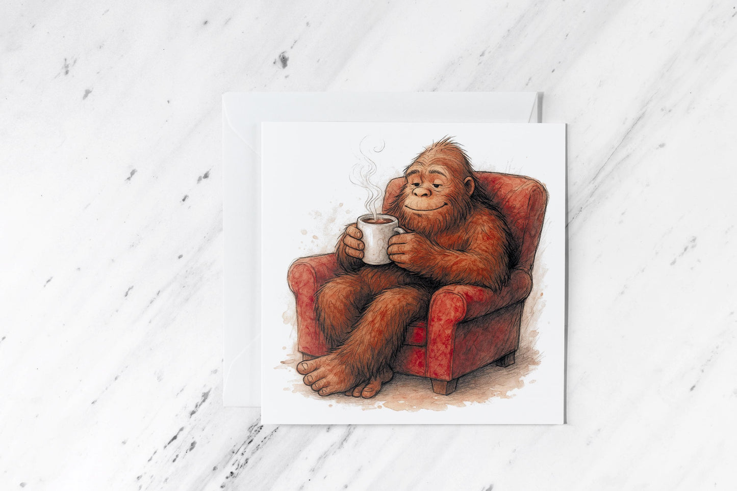 Sasquatch Cocoa Card – Relaxing Bigfoot Watercolour Illustration – Cozy Cryptid Art – Funny Mythical Creature Greeting – Handmade Card