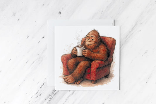 Sasquatch Cocoa Card – Relaxing Bigfoot Watercolour Illustration – Cozy Cryptid Art – Funny Mythical Creature Greeting – Handmade Card