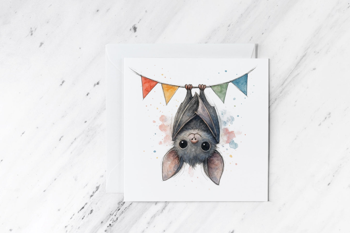 Birthday Bunting Bat Card – Cute Watercolour Bat with Banner – Quirky Gothic Party Greeting – Handmade Animal Birthday Card