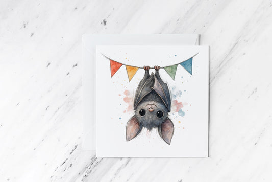 Birthday Bunting Bat Card – Cute Watercolour Bat with Banner – Quirky Gothic Party Greeting – Handmade Animal Birthday Card