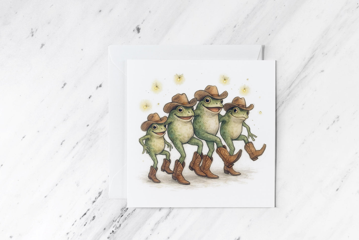 Linedancing Frogs Card – Funny Watercolour Amphibians in Cowboy Hats – Handmade Country Party Greeting – Quirky Animal Card
