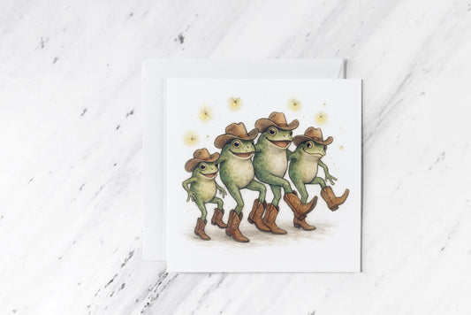 Linedancing Frogs Card – Funny Watercolour Amphibians in Cowboy Hats – Handmade Country Party Greeting – Quirky Animal Card