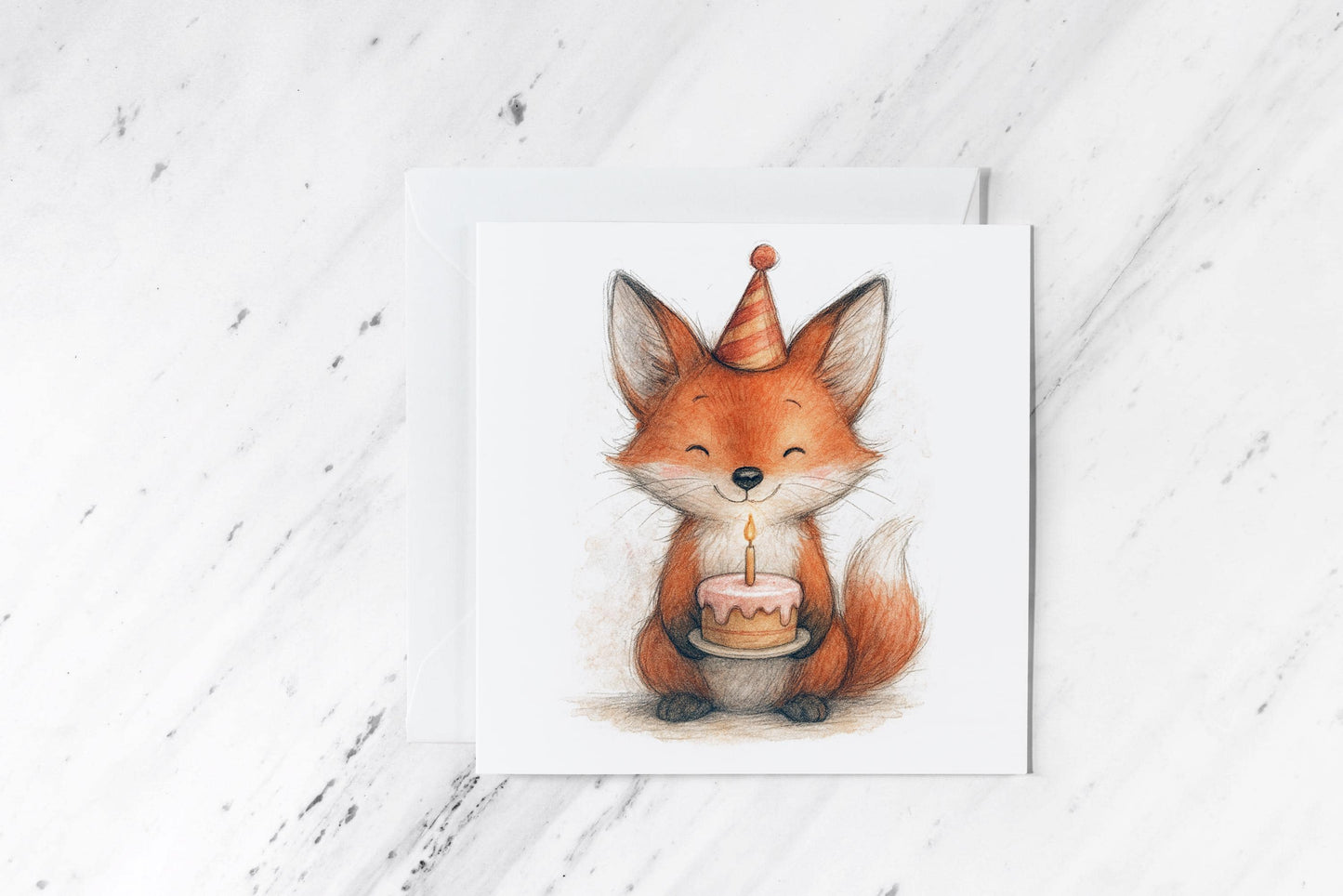 Birthday Fox Card – Cute Woodland Animal with Cake – Watercolour Forest Greeting – Handmade Nature-Inspired Card