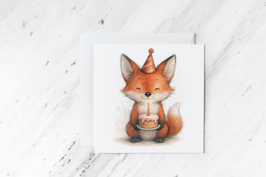 Birthday Fox Card – Cute Woodland Animal with Cake – Watercolour Forest Greeting – Handmade Nature-Inspired Card