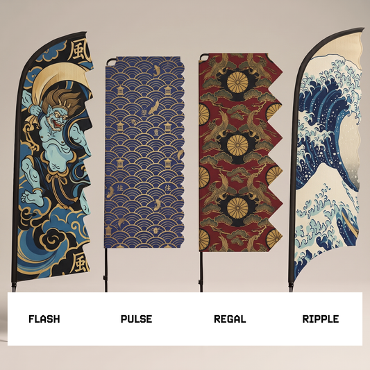 Festival and Event flag shape range showing Flash, Pulse, Regal and Ripple custom flag profiles.