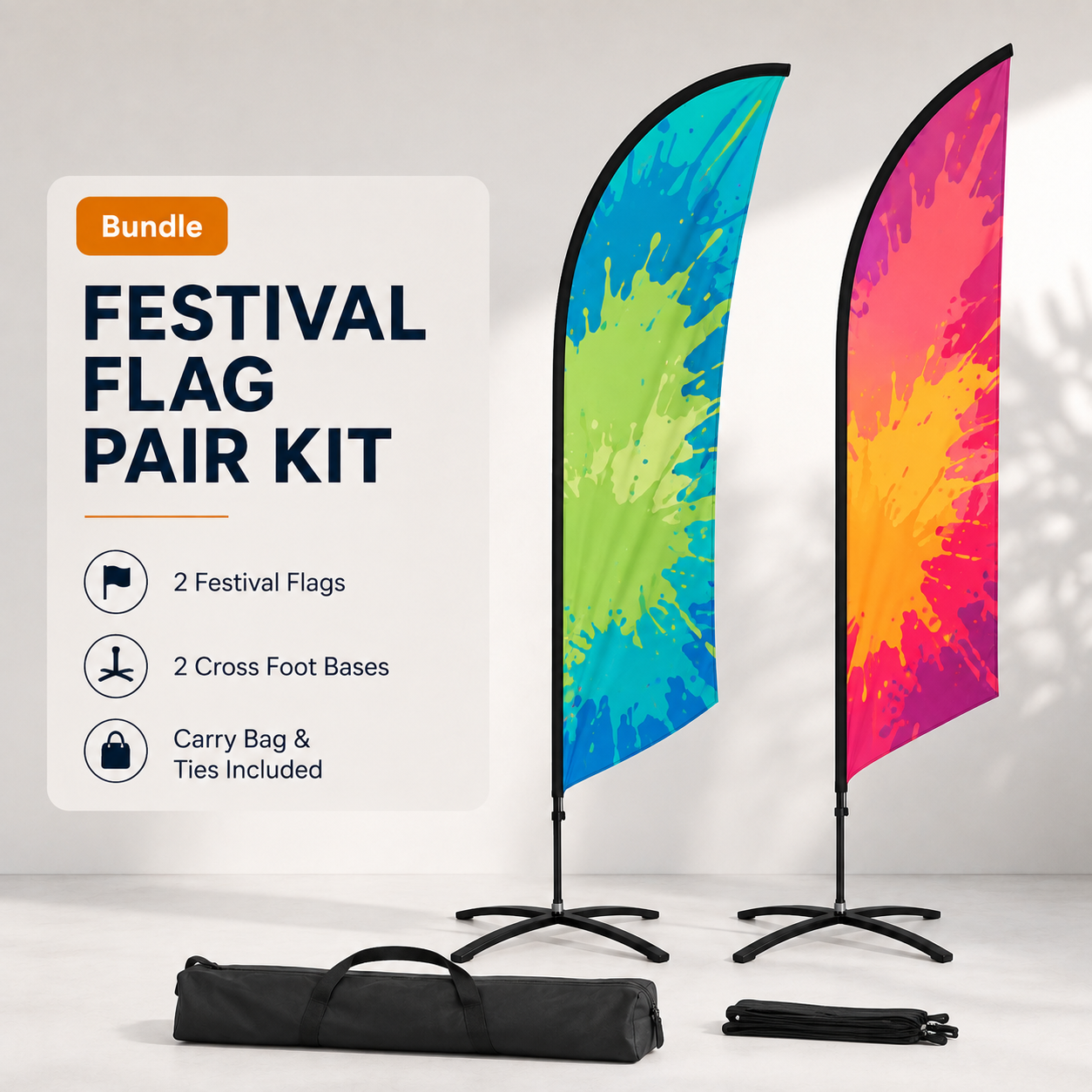 Pair of colourful custom Festival and Event flags supplied with black cross-foot bases
