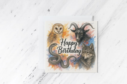 Occult Animal Birthday Card – Witchy Card with Owl, Goat, Snake & Wolf – Watercolour Art – Pagan Gothic Greeting – Handmade and Eco-Friendly