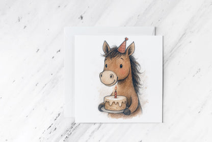 Birthday Horse Card – Cute Watercolour Pony with Cake – Funny Animal Greeting – Handmade Equestrian Card for Horse Lovers