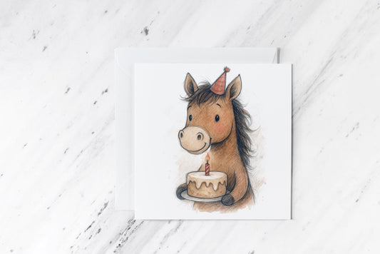 Birthday Horse Card – Cute Watercolour Pony with Cake – Funny Animal Greeting – Handmade Equestrian Card for Horse Lovers
