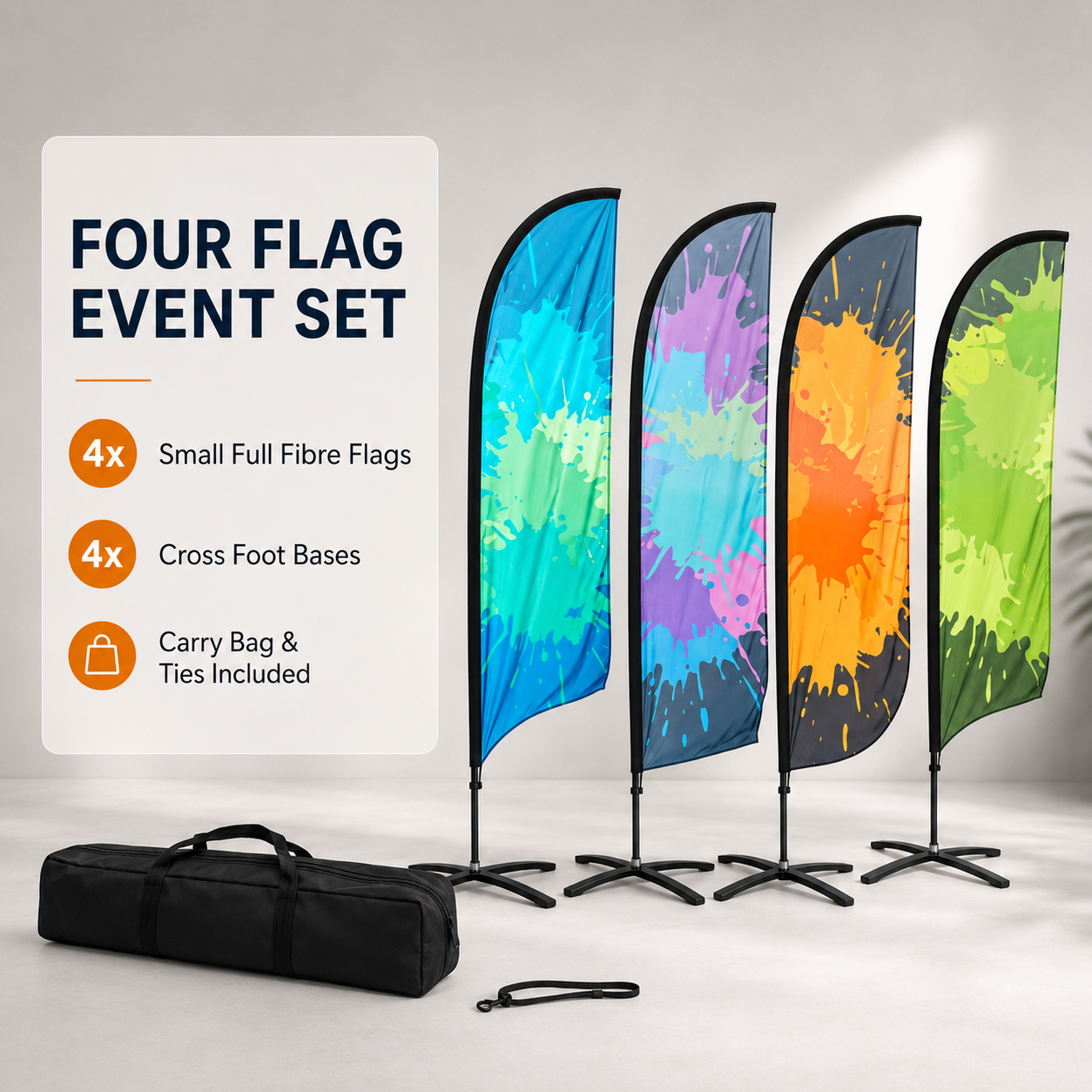 Four Small custom Full Fibre promotional flags arranged on black cross-foot bases as an event set