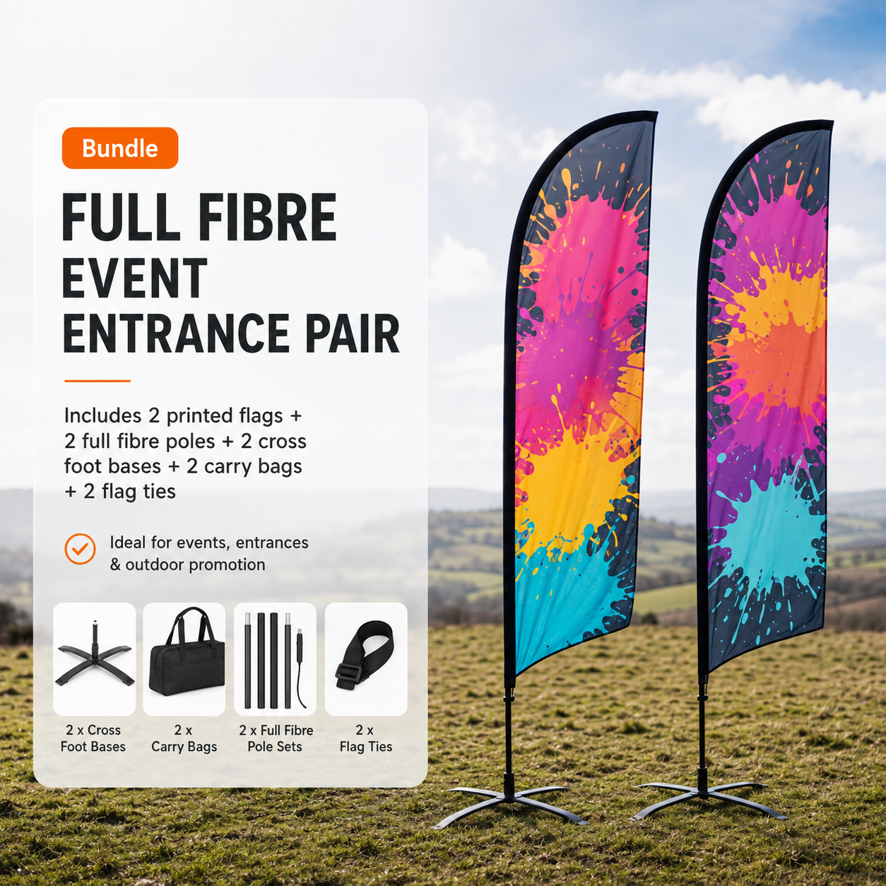 Pair of Medium Plus custom Full Fibre flags on cross-foot bases for event entrances and promotions