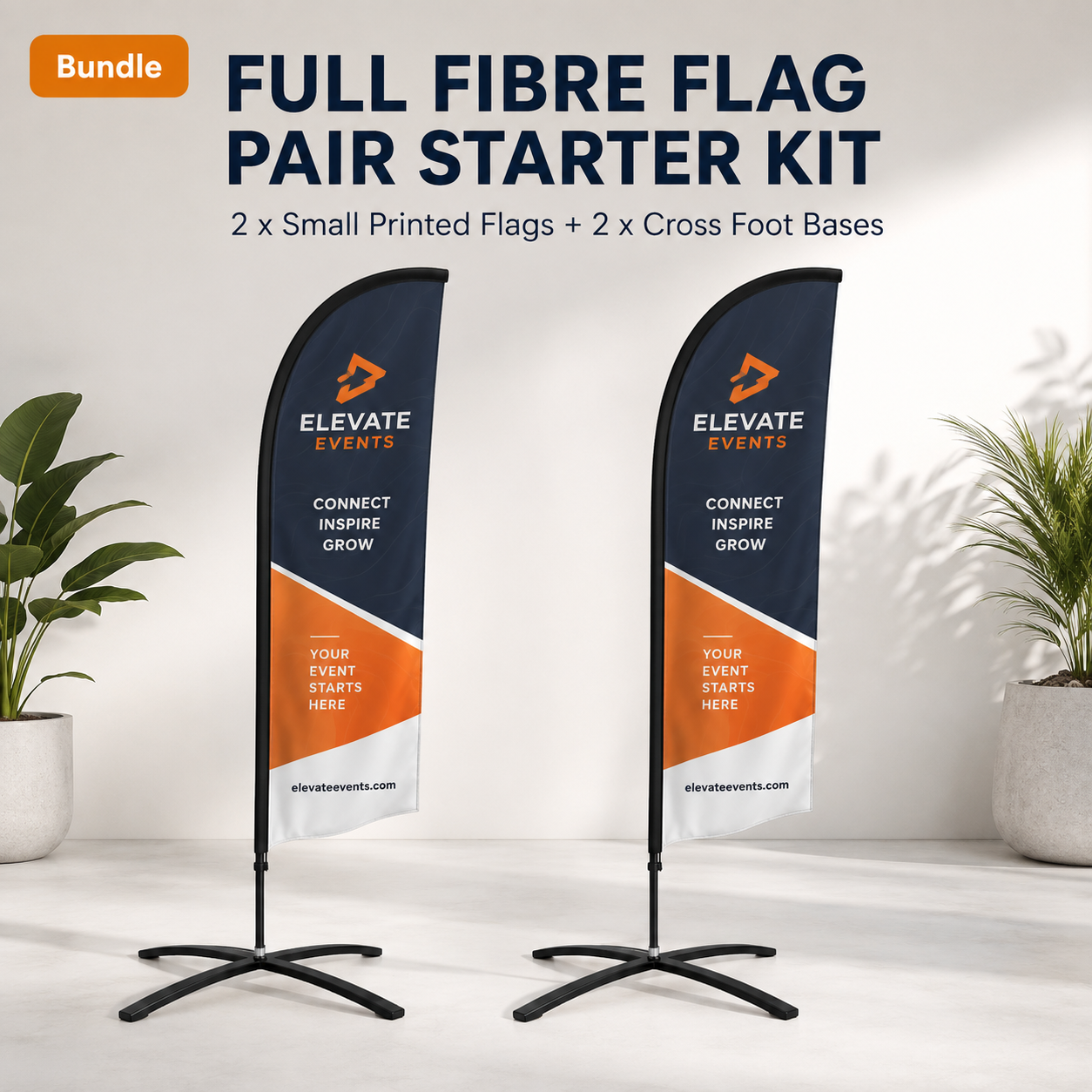 Two Small custom Full Fibre flags on cross-foot bases supplied as a complete starter kit